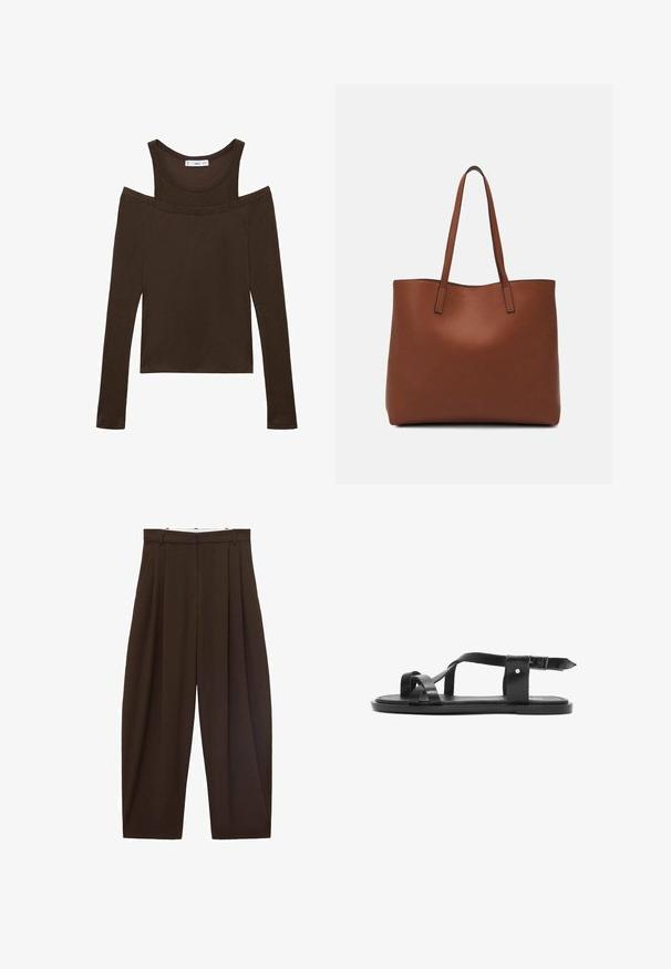 Brauner Langarm-Top mit schulterfreiem Design, aus weichem Stoff, mit einem Rundhalsausschnitt und einer taillierten Passform. Einfache Nahtdetails.; Braune, hoch taillierte Hose mit Falten, aus glattem Stoff. Lässige Passform, gerade Beinform, mit Gürtelschlaufen und Reißverschluss.; Schwarze Leder-Sandale mit überkreuzten Riemen, offenem Zehendesign und einem verstellbaren Knöchelriemen mit Schnalle. Flache Sohle und minimalistischer Stil.; Braune Leder-Tote mit glatter Textur, offenem Oberteil und zwei Schulterriemen. Verfügt über minimale Nähte und keine sichtbaren Beschläge.; Cremfarbener gepolsterter Haarreif mit gedrehtem Design, kombiniert mit einem beigen und weißen gestreiften Shirt mit rundem Halsausschnitt. Dezente Schmuckakzente.