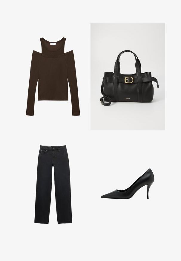Top lung cu mâneci lungi de culoare maro, cu design off-shoulder, realizat dintr-un material moale, având decolteu în formă de inimă și o croială ajustată. Detalii simple de cusătură.; Jeans negre cu croi larg, fabricate din denim, având cinci buzunare, închidere cu nasture, cusături subtile și un tăiat drept de la talie până la poale.; Pantof cu toc înalt din piele neagră, cu vârf ascuțit, textură netedă și toc subțire de tip stiletto, având un design minimalist.; Geantă de mână din piele neagră, cu un design structurat, mânere superioare duale, accent cu cataramă aurie și logo-ul brandului embosat în față.