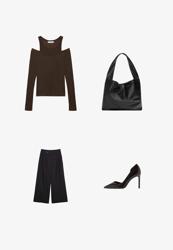 Rjava dolga majica z off-shoulder obliko, izdelana iz mehke tkanine, z okroglim izrezom in prilegajočo obliko. Preprosti šivi.; Črne široke hlače iz gladkega materiala, z gubami spredaj, z gumbom za zapiranje in visokim pasom.; Črne usnjene visokotlačne čevlje s koničastim nosom in odprtim dizajnom na straneh. Petka je vitka in stilsko zožena. Gladka površina.; Črna usnjena torba za ramo z mehkobo, ohlapno zasnovo, širokimi ročaji in gladko teksturo. Ni vidne opreme ali okraskov.