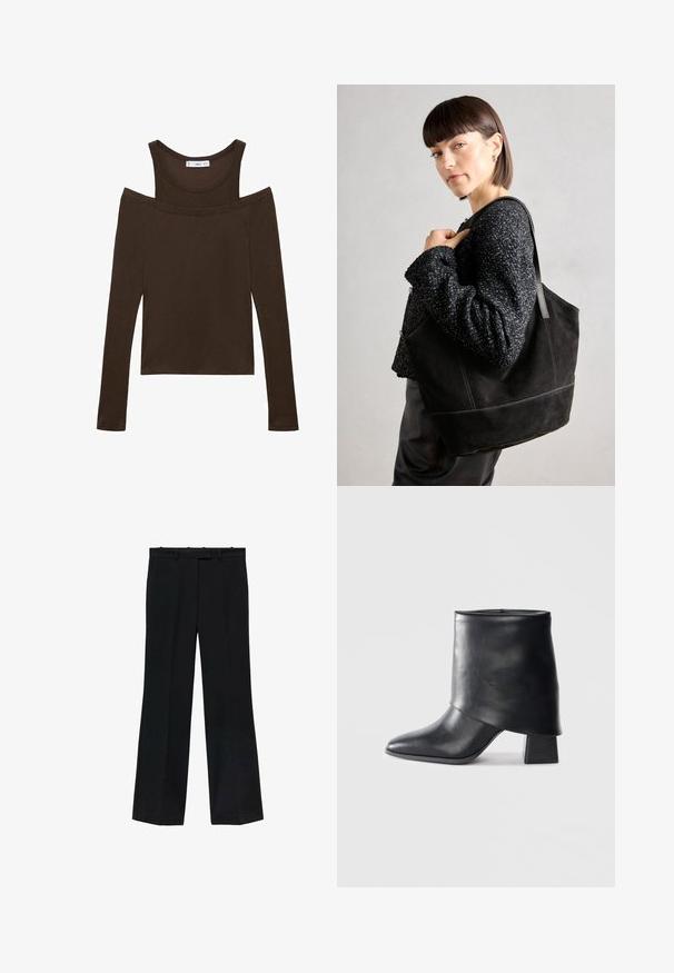 Hnedý dlhý rukáv top s off-shoulder dizajnom, vyrobený z mäkkého materiálu, s okrúhlym výstrihom a priliehajúcim strihom. Jednoduché švy.; Čierne nohavice so striha s rovnými nohavicami, vyrobené z hladkého materiálu. Majú pás s pútkami na opasok a žiadne viditeľné označenia alebo ozdoby.; Čierna kožená členková obuv s špicatou špičkou, hladkou textúrou a štruktúrovaným blokovým podpätkom. Obsahuje vysoký, prehnutý dizajn.; Čierna semišová taška so hladkou textúrou, štruktúrovaným tvarom a kontrastným šitím. Obsahuje dlhé popruhy na nosenie na ramene.