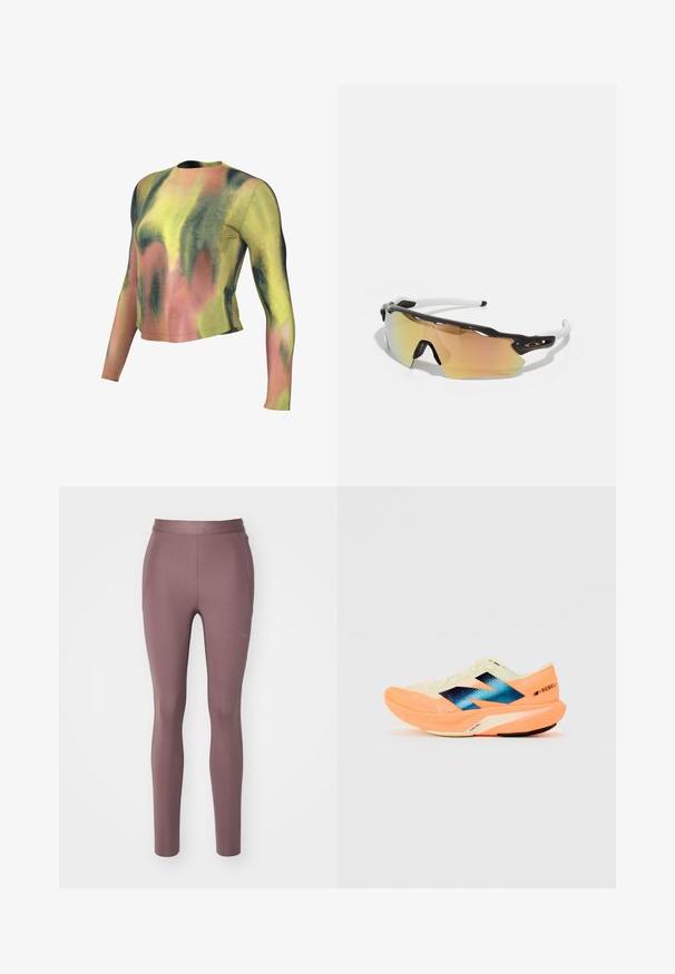 Garšīgais krūškurvis ar garām piedurknēm, kas rotāts ar tievām krāsainajām svītrām zaļā, dzeltenā un rozā krāsā. Izgatavots no mīkstas auduma, ar apaļu kakla izgriezumu un šauru piegriezumu.; HOKA NOVAFLY RUN - Skriešanas bikses - smokey quartz; Skriešanas apavi ar vieglu krēmkrāsas augšdaļu, zilu zīmolu un oranžiem akcents uz zoles. Acu tekstūra gaisa caurlaidībai.; Saulesbrilles ar melnbaltu rāmīti, lielām spoguļlēcām zeltainos un rozā toņos, aerodinamisku dizainu un paplašinātu ārējo mali.