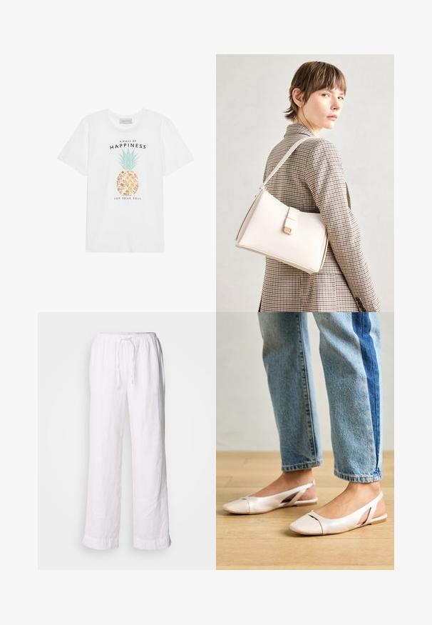 T-shirt en coton blanc avec un graphisme de ananas, des feuilles vertes, des accents dorés et un texte noir indiquant "Un morceau de bonheur pour votre âme."; Pantalons en lin blancs avec une coupe décontractée, une taille élastique et un cordon de serrage. Dotés de jambes droites et d'ourlets retroussés pour un look décontracté.; Ballerines slingback rose pâle avec un bout pointu, fabriquées en un matériau semblable au cuir lisse. Présentent des découpes sur les côtés et un talon plat.; Sac à main en cuir blanc au design structuré, doté d'un fermoir magnétique et d'une bandoulière, présenté sur un fond neutre.