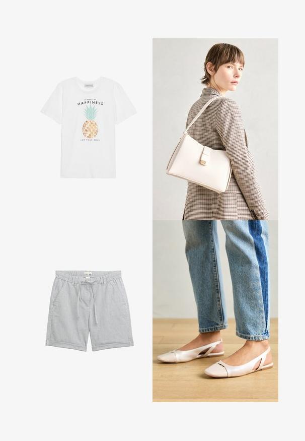 Hvid bomuld t-shirt med et ananasgrafik med grønne blade, gyldne detaljer og sort tekst, der siger "Et stykke lykke til din sjæl."; Lettere bomulds shorts med lodrette blå og hvide striber. Har en elastisk talje med snor og sidelommer. Kantede manchetter.; Lyserøde slingback flade sko med spidse tær, lavet af et glat læderlignende materiale. Har udskæringsdetaljer på siderne og en flad hæl.; Hvid læder håndtaske med en struktureret design, der har en magnetlukning og en skulderrem, præsenteret mod en neutral baggrund.