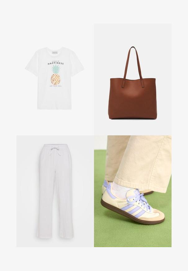 Άσπρο βαμβακερό t-shirt με γραφικό ανανά, πράσινα φύλλα, χρυσές λεπτομέρειες και μαύρο κείμενο που γράφει "Ένα κομμάτι ευτυχίας για την ψυχή σας."; Λευκά λινά παντελόνια με κορδόνι στη μέση, με άνετη εφαρμογή και ευθεία γραμμή. Λείο υλικό, χωρίς ορατά σχέδια ή λεπτομέρειες.; Κρέμα και λεβάντα αθλητικά παπούτσια με τρεις ρίγες και υφασμάτινη καφέ σόλα, με κορδόνια και επενδεδυμένο τακούνι. Μαλακό ύφασμα στην πάνω επιφάνεια.; Καφέ δερμάτινη τσάντα tote με λεία υφή, ανοιχτό σχέδιο και δύο λουριά ώμου. Διαθέτει ελάχιστη ραφή και χωρίς ορατά μεταλλικά εξαρτήματα.