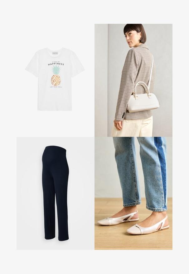 Camiseta de algodón blanca con un gráfico de piña con hojas verdes, acentos dorados y texto negro que dice "Una pieza de felicidad para tu alma."; Pantalones stretch azul marino con una textura suave, cinturilla elástica y diseño de pierna recta, sin hardware o patrones visibles.; Bailarinas de color rosa pálido con tiras traseras y punta puntiaguda, fabricadas con un material similar al cuero suave. Presentan detalles recortados en los laterales y un tacón plano.; Bolso estructurado blanco con asas cortas y una correa para el hombro, que presenta detalles en dorado y material texturizado, exhibido sobre un fondo gris.