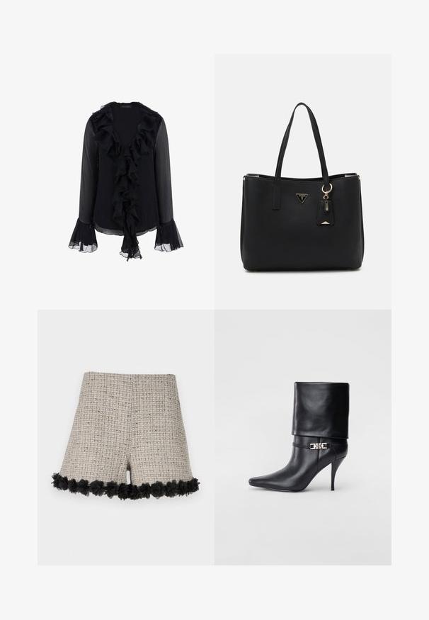 Juoda bluzonė, pagaminta iš permatomo audinio, su raukiniais apykaklėje ir rankogaliuose, ilgomis rankovėmis bei švelnia tekstūra. Priekinė dalis puošia raukiniai.; Bežiniai tweed šortai su tekstūruotu raštu, puošti juodu gėlių ornamentu ant krašto. Dizainas apima bendrą pritaikytą formą.; Juodos odinės kulkšninių botų su smailiu nosiu, aukštu stiletto kulnu, apvyniojamu kraštu ir auksine dekoratyvine sagtimi prie kulkšnies.; Juodas pirkinių krepšys, pagamintas iš tekstūruotos sintetinės medžiagos, su dviem rankenomis, auksine logotipo plokšte ir maža etikete su akcentu.