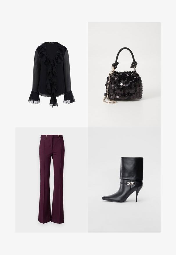 Melnā blūze, izgatavota no caurspīdīga auduma, ar volāniem ap kaklu un aprocēm, garām piedurknēm un mīkstu tekstūru. Priekšpusē ir volāni.; Pāļi ar izplestu apakšu dziļi burgundu audumā ar gludu tekstūru. Iezīmē vidukļa augstums un divas zelta toņa detaļas priekšā.; Melnas ādas potīšu zābaki ar smailu purngalu, augstu stiletto papēdi, salocītu aproci un zeltītu dekoratīvu sprādzi uz potītes.; Melna spīguļota mini rokas soma ar mezglotu teksturētu siksniņu un sudraba ķēdi. Apaļa forma ar sakopotām malām un atstarojumu detaļām.
