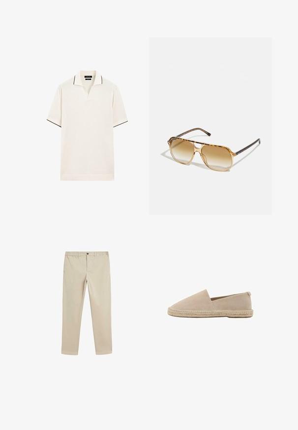 Cremfarbener Poloshirt mit V-Ausschnitt und kontrastierendem dunklem Besatz an Kragen und Ärmeln. Weicher Stoff, kurze Ärmel.; Beige Baumwollhosen mit elastischem Bund, Knopfverschluss, geradem Bein-Design und standardmäßigen Taschen an den Seiten und hinten.; Beige Wildleder-Espadrille mit flacher Sohle, geschlossenem Rücken und gewebtem Jute-Besatz entlang der Kante. Schlichte, klassische Silhouette ohne Verzierungen.; Sonnenbrille im Schildpatt-Design mit rechteckigem Rahmen, braunem Verlaufsglas und schlanken schwarzen Bügeln mit dezenten Logo-Akzenten.