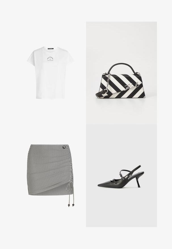Valge lühikeste käistega T-särk ümmarguse kaelusega, millel on must tekst "KARL LAGERFELD PARIS 21 RUE ST-GUILLAUME" rinnaosas.; Mustvalge triibuline mini-seelik, millel on kogutud külje detail, reguleeritav nöör ja dekoratiivsed pärlid nööri lõpus.; Must musta slingback kontsad, terava nina, peenike konts ja dekoratiivne pandla detail peal. Sile tekstuur ja stiilne disain.; Mustriga musta ja valgega käekott, millel on struktureeritud kuju, pehme käepide, eemaldatav ahelriba ja metallist logo aktsent.