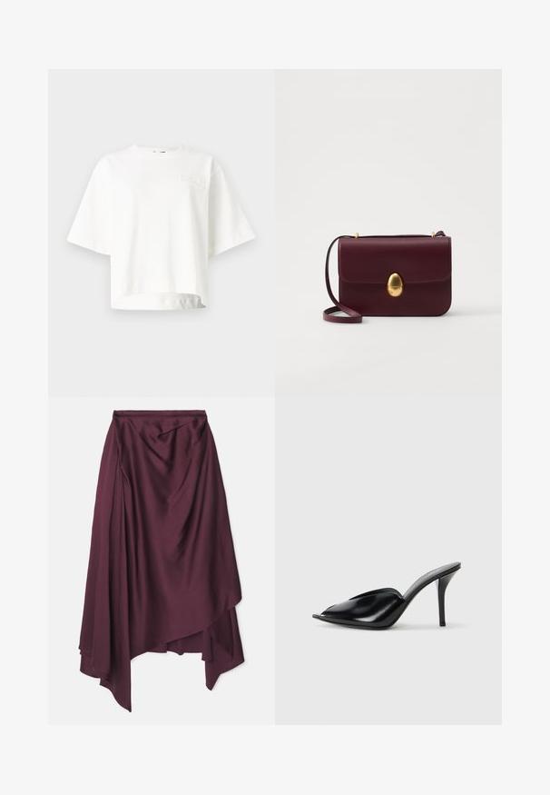 Vit kortärmad Cropped t-shirt i mjukt tyg, med en diskret upphöjd logotyp på vänster bröst.; Burgundy, satin wrapkjol med asymmetrisk nederkant, som har mjuka draperingar och en slät yta. Inga synliga stängningar eller mönster.; Svarta läder högklackade mule-skor med öppen tå, spetsig design, slät yta och en smal stiletto-häl.; Burgundy läder crossbody-väska med en mjuk textur, oval guldspänne och justerbar rem, med en enkel rektangulär form.; Guldring med en krondesign inuti en hästsko, dekorerad med små klara ädelstenar, på en vit bakgrund.