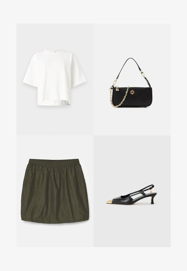 Hvit kortermet cropped t-skjorte laget av mykt stoff, med en subtil preget merkevarelogo på venstre brystområde.; Oliven grønn, lett skjørt med elastisk midje, samlet tekstur, side lommer og sydd detaljer.; Svarte skinn slingback-sko med spiss tå og gullmetallhette. Har utskjæringsdesign og en slank hæl med justerbar stropp.; Svart håndveske med en glatt tekstur, som har en gullkjede-reim, glidelås-lukking og et dekorativt gull-emblem på forsiden.