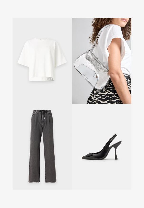 White short-sleeve cropped t-shirt made from soft fabric, featuring a subtle embossed brand logo on the left chest area.; Wide-leg gray denim pants featuring a drawstring waist and front pockets, crafted from soft, sturdy cotton fabric.; Black leather slingback shoe with a pointed toe, slim high heel, and a decorative bow accent. Smooth texture and sleek design.; Silver metallic shoulder bag with a smooth texture, curved design, chain strap, and a polished front panel featuring a subtle logo engraving.