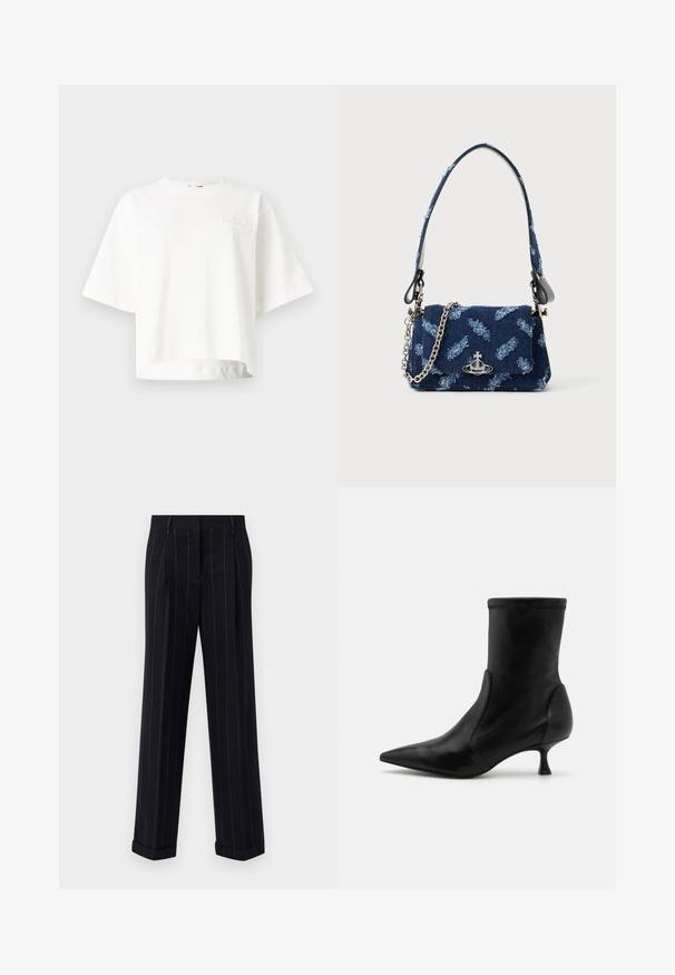 Valge lühikeste varrukatega cropped t-särk, mis on valmistatud pehmest kangast ning mille vasakus rinnapiirkonnas on vaevumärgatav reljeefne brändilogo.; Mustra mustriga tumeda värvusega püksid, millel on kohandatud lõige, varras ja ees olevad voldid. Valmistatud siledast kangast, millel on struktureeritud disain.; Must musta ankle'iga saabas, millel on kitsenev siluett, elastne ülemine osa ja lühike, õhuke konts. Sile tekstuur ja minimaalne õmblemise detail.; Tumesinise kangaga käekott, millel on tekstuuriga disain, hõbedased detailid ning eemaldatav kettrihm. Omab klapiga sulgemist ja logo aktsenti.