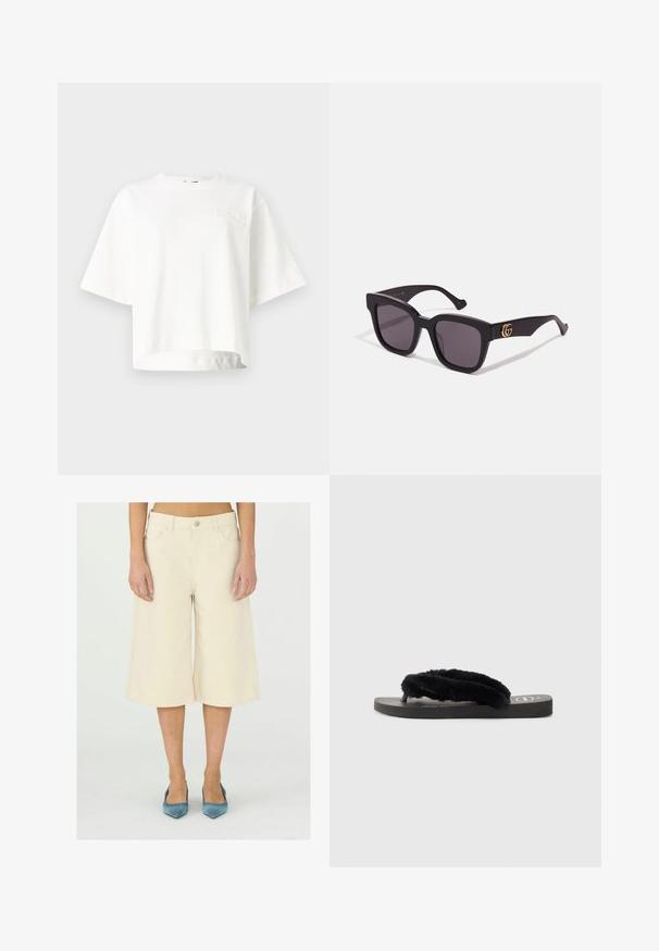 Biele krátke tričko s krátkymi rukávmi vyrobené z mäkkej tkaniny, so subtilným embosovaným logom značky na ľavej časti hrude.; Béžové skrátené nohavice so širokými nohavicami vyrobené z denimovej látky, s gombíkovým pásom, pútkami na opasok a prednými vreckami; hladká, rovnomerná textúra.; Čierne šľapky s dvoma mäkkými, chundelatými popruhmi, plochou gumovou podrážkou a textúrovanou stielkou pre lepšiu priľnavosť. Jednoduchý dizajn v monochromatickej farebnej schéme.; Čierne slnečné okuliare so škvrnitými sklami, s zlatými logovými akcentmi na stranách a matným povrchom. Úhlový dizajn pre odvážny vzhľad.