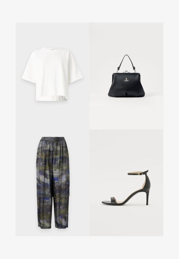 Witte korte mouw cropped t-shirt van zacht materiaal, met een subtiele reliëf merklogo op de linker borst.; Henrik Vibskov SHANTS PANTS - Broek - grey; Zwarte leren hoge hak sandaal met enkelbandje. Heeft een gladde textuur, open teen en een dunne hak. Gouden gesp detail.; Zwarte leren handtas met een gestructureerde oppervlakte, zilveren hardware, sluiting met een haak, en een korte handgreep om te dragen. Compacter en gestructureerd ontwerp.