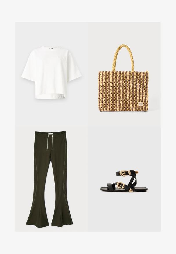 Biele krátke tričko s krátkymi rukávmi vyrobené z mäkkej tkaniny, so subtilným embosovaným logom značky na ľavej časti hrude.; Tmavozelené rozšírené nohavice vyrobené z elastického materiálu, so zlatými zipsami a kontrastnými bočnými švami.; Čierne kožené sandále so zlatými prackami, s viacerými pásikmi a plochou podrážkou pre otvorené nosenie.; Tkaná taška v hnedej a žltej farbe, s obdĺžnikovým tvarom, dvoma úchytmi a textúrovaným povrchom s viditeľným šitím a značkovou visačkou.