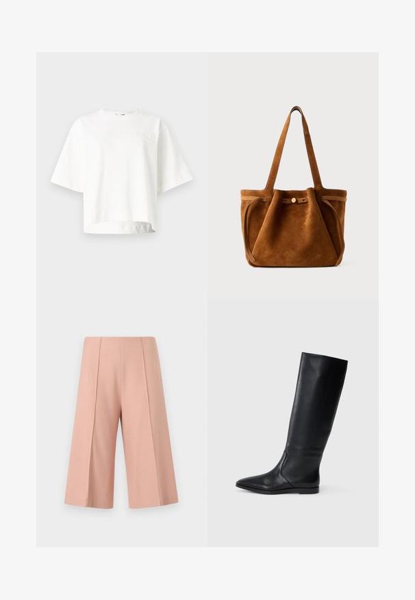 Vit kortärmad Cropped t-shirt i mjukt tyg, med en diskret upphöjd logotyp på vänster bröst.; AERON PEN - Shorts - mottled pink; Svarta läderknähöga stövlar med spetsig tå och minimalistisk design. Slät yta och platt sula, med diskreta sömmar på sidan.; Brun mockaskåpväska med dubbla handtag, ett knäppstängningsband och en avslappnad, något slapp form.