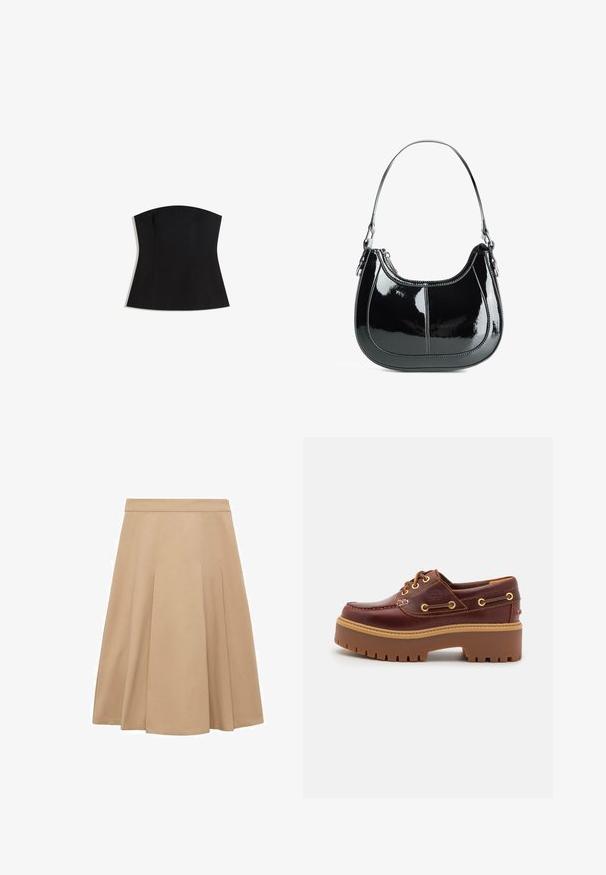 Schwarzes trägerloses Top mit figurnaher Silhouette, glatter Textur und weitem Ausschnitt. Verfügt über Abnäher zur Formung und ein sauberes, minimalistisches Design.; Ein beiger A-Linien-Rock mit glatter Textur, der Falten aufweist, die Fülle verleihen, sowie einen elastischen Bund zur Anpassung. Gerader Saum am unteren Ende.; Braune Lederbootsschuhe mit einer massiven braunen Gummisohle, goldenen Ösen und kontrastierenden Nähten. Mit einem Logo an der Seite.; Schwarze Handtasche aus lackiertem Leder mit geschwungenem Design, Reißverschluss und einem einzelnen Schulterriemen, der mit silberfarbenen Beschlägen und Akzenten in der Naht versehen ist.