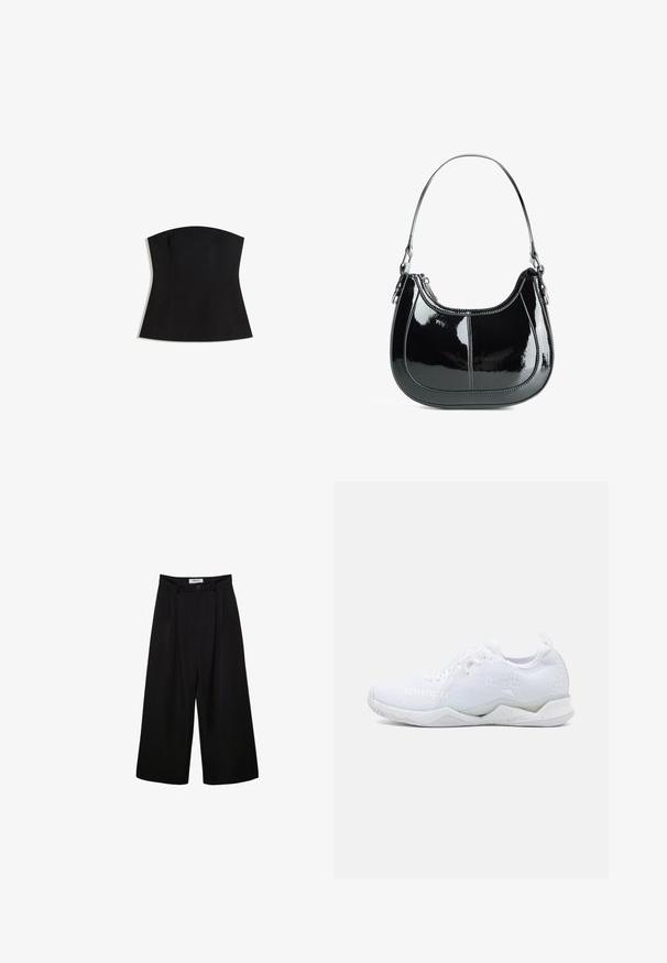 Crna bez naramenica majica s uskim krojem, glatkom teksturom i širokim izrezom. Ima skošene šavove za oblikovanje i čist, minimalistički dizajn.; Crne široke hlače s visokim strukom, nabranim prednjim dijelom i kopčanjem na dugme. Izrađene su od glatkog materijala s krojenim dizajnom.; Bjele atletske tenisice s teksturiranim pletenim gornjim dijelom, s laganom potplatom i suptilnim geometrijskim akcentima. Naziv branda "Kempa" vidljiv.; Crna patentna kožna torba s zakrivljenim dizajnom, zatvaranjem na zip, i jednim remenom za rame s srebrnim hardverom i ukrasnim šavovima.