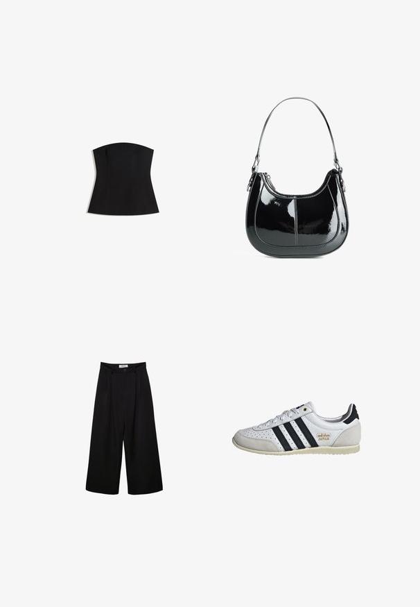Czarny bezrękawnik o dopasowanym kroju, gładkiej teksturze i szerokim dekolcie. Posiada zaszewki dla lepszego dopasowania oraz czysty, minimalistyczny design.; Czarne spodnie szerokie nogawki z wysokim stanem, z plisowanym przodem i zapięciem na guzik. Wykonane z gładkiego materiału o dopasowanym kroju.; Białe sneakersy z czarnymi paskami i złotym logo. Wykonane z zamszu i skóry, z perforowanym wierzchem oraz teksturowaną gumową podeszwą.; Czarna torebka z lakierowanej skóry o zaokrąglonym kształcie, zamykana na zamek, z pojedynczym paskiem na ramię, ozdobiona srebrnymi elementami i akcentami w szwie.