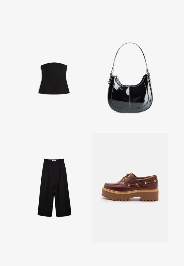 Czarny bezrękawnik o dopasowanym kroju, gładkiej teksturze i szerokim dekolcie. Posiada zaszewki dla lepszego dopasowania oraz czysty, minimalistyczny design.; Czarne spodnie szerokie nogawki z wysokim stanem, z plisowanym przodem i zapięciem na guzik. Wykonane z gładkiego materiału o dopasowanym kroju.; Brązowe skórzane buty typu boat shoe z grubą brązową gumową podeszwą, złotymi oczkami i kontrastowym szwem. Posiadają logo na boku.; Czarna torebka z lakierowanej skóry o zaokrąglonym kształcie, zamykana na zamek, z pojedynczym paskiem na ramię, ozdobiona srebrnymi elementami i akcentami w szwie.
