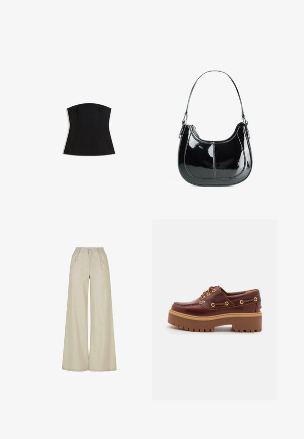 Black strapless top with a fitted silhouette, smooth texture, and a wide neckline. Features darts for shaping and a clean, minimalistic design.; Beige wide-leg trousers made of woven fabric, featuring front pleats, a button closure, and a smooth texture. Straight hems.; Brown leather boat shoe with a chunky brown rubber sole, gold eyelets, and contrast stitching. Features a logo on the side.; Black patent leather handbag with a curved design, zip closure, and a single shoulder strap featuring silver-tone hardware and stitching accents.
