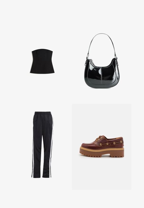 Top negru fără bretele, cu o siluetă ajustată, textură netedă și o decolteu larg. Dispune de cute pentru formare și un design curat, minimalist.; Pantaloni de trening negri cu dungi laterale albe, talie elastică și patch cu logo. Confecționați dintr-un material neted, ușor. Design cu picior drept.; Pantoful de yacht din piele maro, cu o talpă din cauciuc maro masivă, ochiuri de aur și coasere contrastante. Prezintă un logo pe lateral.; Geantă din piele lacuită neagră, cu un design curbat, închidere cu fermoar și un singur mâner pentru umăr, având detalii din metal argintiu și accente de coasere.