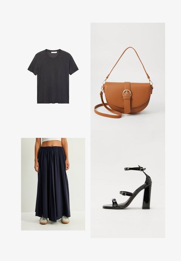 Schwarzes Rundhals-T-Shirt aus weicher Baumwolle. Kurze Ärmel, lockere Passform und gerader Saum ohne Verzierungen oder Muster.; Marineblauer Maxirock aus leichtem Material, mit elastischem Bund und fließendem Design, kombiniert mit weißen Turnschuhen.; Schwarze Lackleder-Sandalen mit hohen Absätzen, zwei Riemen mit Schnallen, quadratischer Zehenpartie und klobigem Blockabsatz, mit einer glatten, glänzenden Textur.; Braune Leder-Crossbody-Tasche mit geschwungener Form, goldfarbenen Beschlägen und einer Schnallenakzentuierung. Verfügt über einen abnehmbaren Schultergurt.