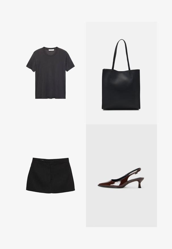 T-shirt nera a girocollo realizzata in cotone morbido. Maniche corte, vestibilità rilassata e orlo dritto senza decorazioni né motivi.; Mini gonna nera con vita strutturata, texture liscia e silhouette dritta. Non presenta tasche visibili né decorazioni.; Scarpa slingback in pelle verniciata marrone con punta affusolata e tacco moderato. Presenta una fascia con fibbia per una calzata sicura. Tessuto liscio.; Borsa tote in pelle nera con texture liscia, forma rettangolare e due manici lunghi. Nessun hardware o decorazione visibile.