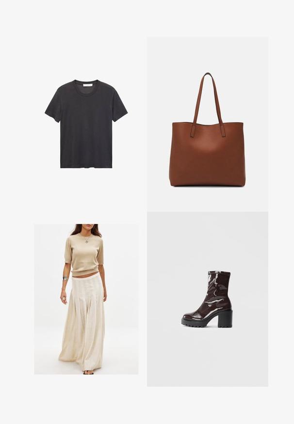 T-shirt nera a girocollo realizzata in cotone morbido. Maniche corte, vestibilità rilassata e orlo dritto senza decorazioni né motivi.; Top corto a maniche corte in maglia beige abbinato a una lunga gonna fluida color crema con pieghe verticali e una texture liscia.; Stivale alla caviglia bordeaux lucido con un tacco spesso nero, caratterizzato da una superficie liscia e un design semplice. Nessuna chiusura visibile o motivo.; Borsa tote in pelle marrone con texture liscia, design con apertura superiore e due spallacci. Presenta cuciture minime e nessun hardware visibile.