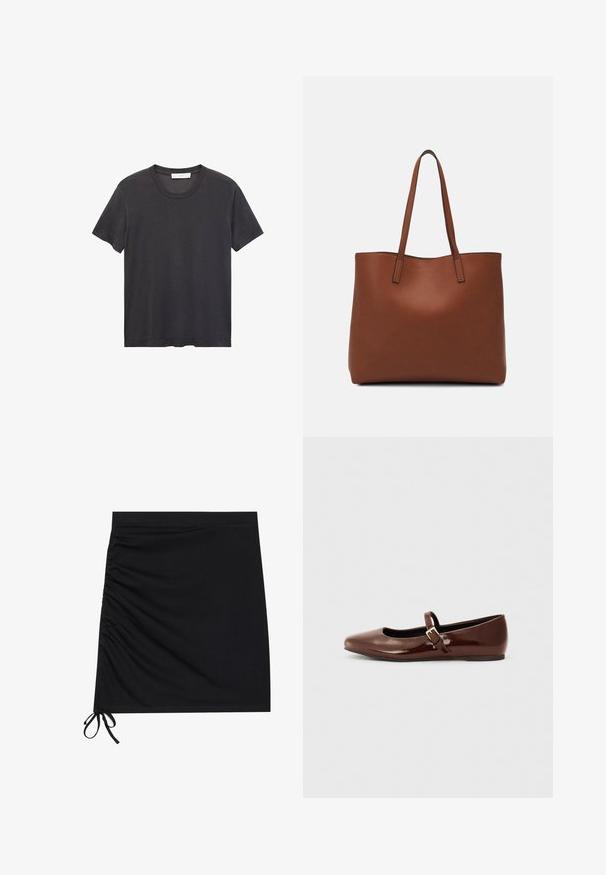 Crna majica s okruglim izrezom napravljena od mekanog pamuka. Kratki rukavi, opušteni kroj i ravni rub bez ukrasnih elemenata ili uzoraka.; Crna mini suknja izrađena od mekog materijala, s bočnim nabranjima i vezicama na rubu. Glatka tekstura s uskim siluetom.; Smeđe lakirane balerinke s kvadratnim vrhom i trakicom koja sadrži mali zlatni kopču. Glatka tekstura, niska potpetica i minimalistički dizajn.; Smeđa kožna torba preko ramena s glatkom teksturom, otvorenim vrhom i dvjema naramenicama. Ima minimalne šavove i nema vidljivog hardvera.