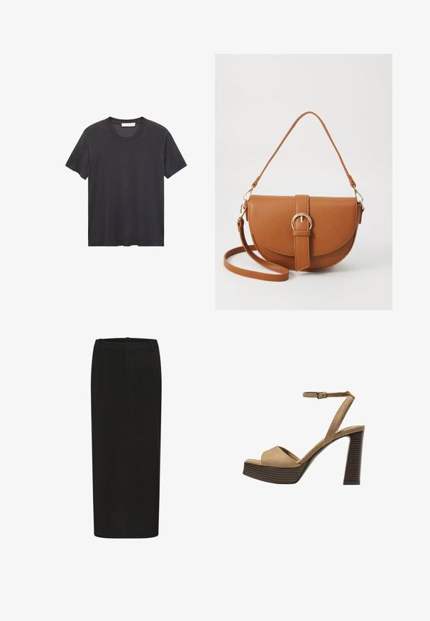 Schwarzes Rundhals-T-Shirt aus weicher Baumwolle. Kurze Ärmel, lockere Passform und gerader Saum ohne Verzierungen oder Muster.; Schwarzer Bleistiftrock mit gerader Silhouette, aus festem Stoff gefertigt, mit vorderen Falten und einem niedrigen Taillenbund. Keine sichtbaren Verschlüsse.; Beige Wildleder-Pumps mit hohem Absatz, breitem Vorderband und Knöchelriemen, ausgestattet mit einem klobigen Holzblockabsatz mit strukturiertem Finish.; Braune Leder-Crossbody-Tasche mit geschwungener Form, goldfarbenen Beschlägen und einer Schnallenakzentuierung. Verfügt über einen abnehmbaren Schultergurt.
