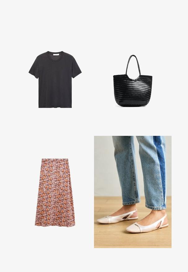 Czarna koszulka bawełniana z okrągłym dekoltem. Krótkie rękawy, luźny krój i prosty dół bez ozdób czy wzorów.; Spódnica o długości średniej, wykonana z lekkiego materiału, w odważnym, abstrakcyjnym wzorze w kolorach pomarańczowym, brązowym i różowym, charakteryzująca się gładką fakturą i zwiewną sylwetką.; Jasnoróżowe baleriny na odkrytej pięcie z wąskim noskiem, wykonane z gładkiego materiału imitującego skórę. Posiadają wycięcia po bokach oraz płaski obcas.; Czarna pleciona torba na ramię z zaokrąglonym górnym brzegiem, szwami bocznymi i dwoma splecionymi uchwytami. Posiada teksturowany wzór oraz przestronną wnętrze.
