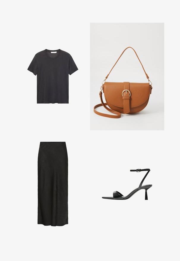 T-shirt noir à col ras du cou en coton doux. Manches courtes, coupe décontractée et ourlet droit sans embellissements ni motifs.; Jupe noire, longue jusqu'au sol, en tissu texturé. Dotée d'une taille lisse, d'un léger drapé et d'un design minimal sans détails supplémentaires.; Bershka Sandales à talons hauts - black; Sac bandoulière en cuir marron avec une forme incurvée, quincaillerie dorée et un accent en boucle. Comprend une bandoulière détachable.