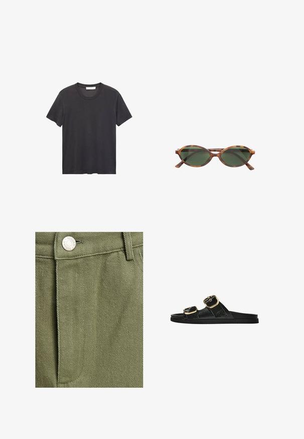 Čierne tričko s okrúhlym výstrihom vyrobené z jemnej bavlny. Krátke rukávy, voľný strih a rovný lem bez ozdôb či vzorov.; TUSSAH SAWYER - sukňa v tvare A - sage green; Čierne šľapky s dvoma zlatými prackami, hladký textúrovaný materiál, plochá podrážka a minimalistický dizajn.; Hnedé želvovinové slnečné okuliare s oválnymi sklami a tmavozeleným odtieňom. Majú tenké, priame nožičky a diskrétne logo na ráme.; Čierna kožená kabelka s zaobleným tvarom, odnímateľným popruhom a zlatými doplnkami. Kabelka má klopu s detailom s prackou.