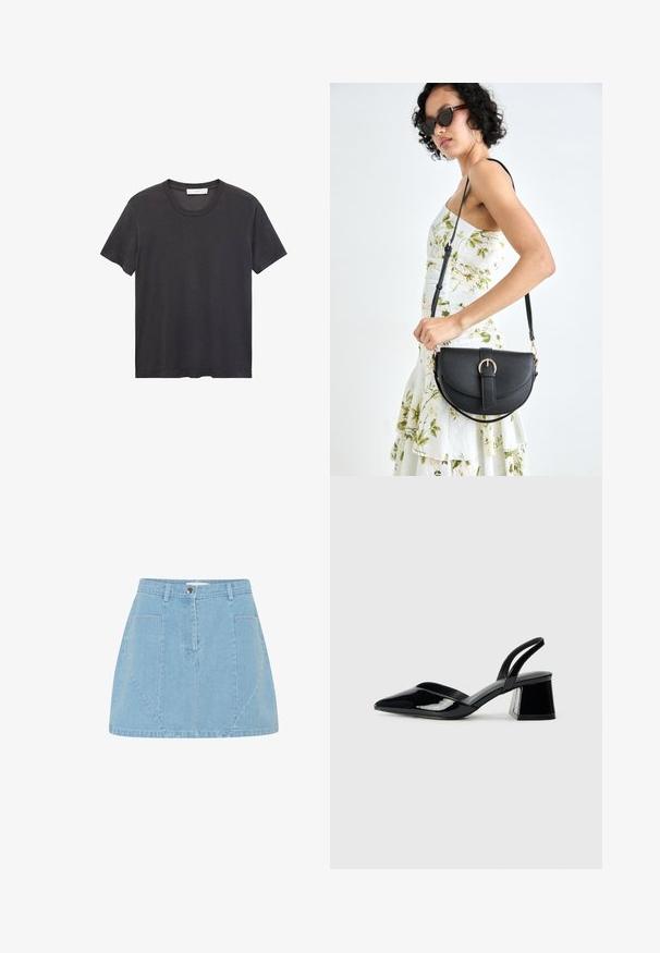 Čierne tričko s okrúhlym výstrihom vyrobené z jemnej bavlny. Krátke rukávy, voľný strih a rovný lem bez ozdôb či vzorov.; Svetlo modrá džínová sukňa s vysokým pásom, prednými vreckami a jemným panelovým detailom, so strieborným zapínaním na gombík.; Čierne lakované kožené sandálové podpätky s špicatou špičkou a geometrickým blokovým podpätkom. Disponujú elegantným, minimalistickým dizajnom a hladkým povrchom.; Čierna kožená kabelka s zaobleným tvarom, odnímateľným popruhom a zlatými doplnkami. Kabelka má klopu s detailom s prackou.