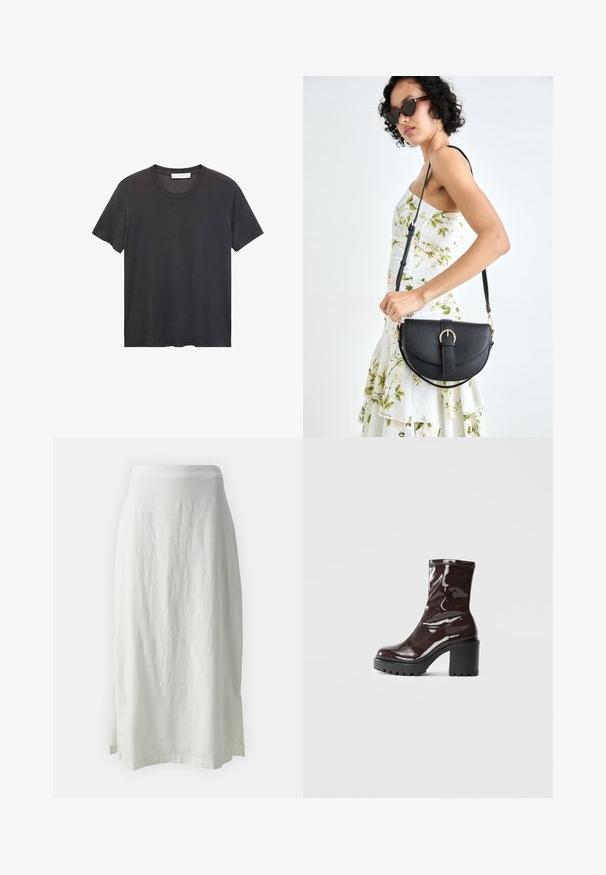 Tricou negru cu guler rotund, fabricat din bumbac moale. Mâneci scurte, croială lejeră și tiv drept, fără broderii sau modele.; GAP PULL ON SKIRT - Fustă maxi - new off white; Botine lucioase burgundy, cu toc gros negru, având o textură netedă și un design simplu. Fără închideri sau modele vizibile.; Geantă din piele neagră, cu o formă curbată, curea detașabilă și accesorii aurii. Geanta are un capac cu un detaliu tip cataramă.