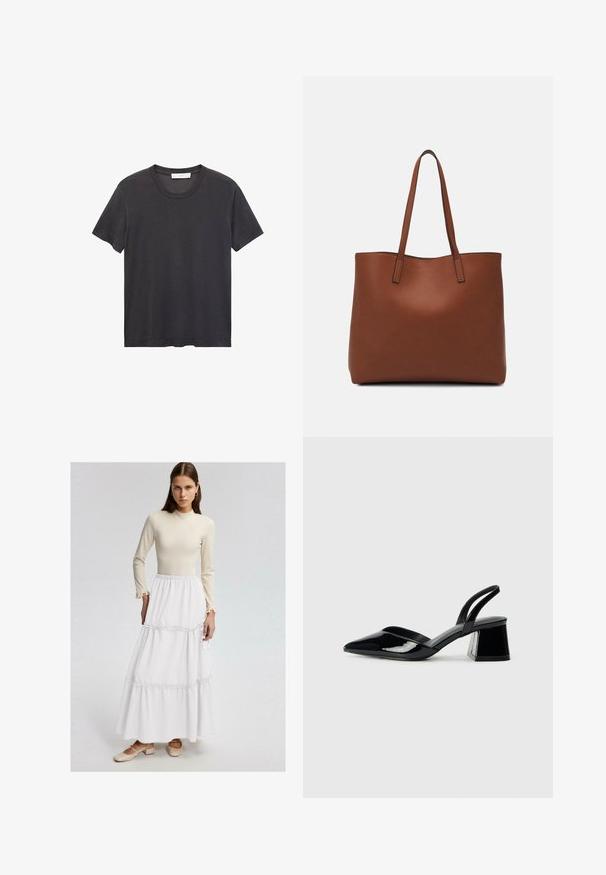 Black crew-neck t-shirt made of soft cotton. Short sleeves, relaxed fit, and straight hem with no embellishments or patterns.; Beige long-sleeve top with ruffled cuffs paired with a tiered white maxi skirt featuring gathered seams. Model wears beige block-heel shoes.; Black patent leather slingback heels with a pointed toe and a geometric block heel. Features a sleek, minimal design and smooth texture.; Brown leather tote bag with a smooth texture, open top design, and two shoulder straps. Features minimal stitching and no visible hardware.