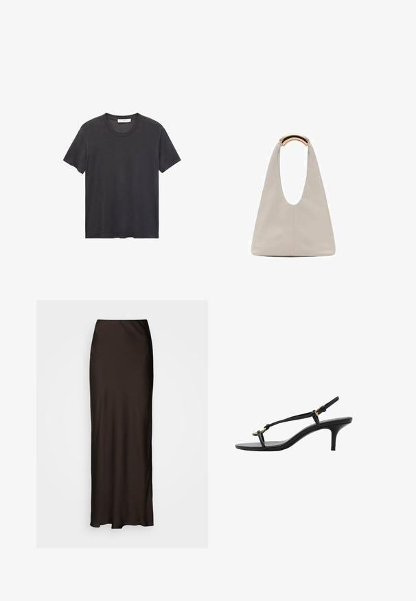 Tricou negru cu guler rotund, fabricat din bumbac moale. Mâneci scurte, croială lejeră și tiv drept, fără broderii sau modele.; Lindex SKIRT MARY - Fustă maxi - dark brown; Sandal cu toc kitten din piele neagră, cu curele subțiri, cataramă aurie și buclă minimalistă pentru degetele de la picioare, pe un fundal alb.; Geantă din piele gri deschis cu un design în formă de U și un mâner metalic curbat. Textură netedă cu cusături minime și fără modele vizibile.