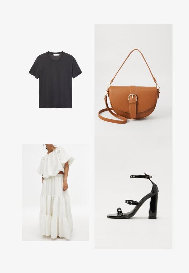 Black crew-neck t-shirt made of soft cotton. Short sleeves, relaxed fit, and straight hem with no embellishments or patterns.; White two-piece outfit featuring a textured off-the-shoulder top with large sleeves and a tiered skirt with elastic waistband.; Black patent high-heeled sandals with two buckle straps, square toe, and a chunky block heel, featuring a smooth, glossy texture.; Brown leather crossbody bag with a curved shape, gold hardware, and a buckle accent. Features a detachable shoulder strap.
