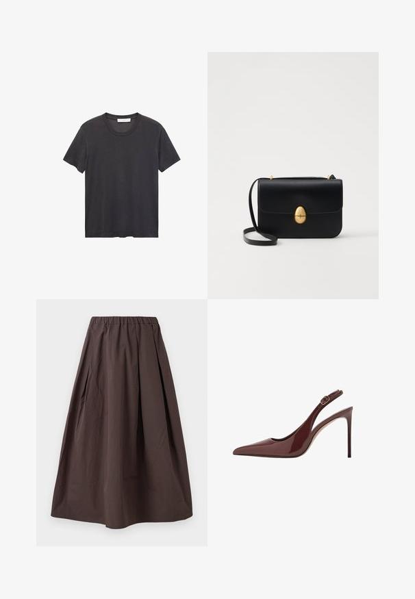 Zwarte crew-neck t-shirt gemaakt van zachte katoen. Korte mouwen, relaxte pasvorm en rechte zoom zonder versieringen of patronen.; Bruine midi-lengte rok met een elastische tailleband en subtiele plooien op een witte achtergrond.; Donkerbruine lakleren slingback met spitse neus, hoge hak en verstelbare gespriem. De slanke stilettohak voegt een elegante touch toe.; Zwarte leren handtas met een gestructureerde rechthoekige vorm. Voorzien van een gouden ovale sluiting en een dunne schouderband. Glad van textuur.