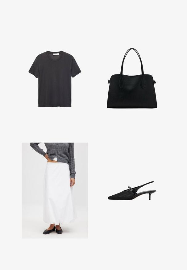 Črna majica s kratkimi rokavi in okroglo ovratnikom, izdelana iz mehkega bombaža. Ohlapen kroj, raven spodnji rob brez okrasnih elementov ali vzorcev.; Bela krila do gležnjev iz gladkega blaga, v kombinaciji s sivo rebrasto jopico in črnimi balerinkami. Minimalistična zasnova, brez vidnih vzorcev.; Črne slingback pete s koničastimi prsti, teksturirano mrežasto zgornje delo, ožji nastavljiv trak z vgraviranim sponko in 5 cm stiletto pete.; Črna usnjena torbica z dvema naramnima trakoma, pravokotne oblike in minimalističnim dizajnom na beli podlagi.; Jasni in jantarni smolnati prstani, en je gladek in prozoren, drugi pa s teksturiranim jantarjem. Obe imata zaobljene, debele oblike.
