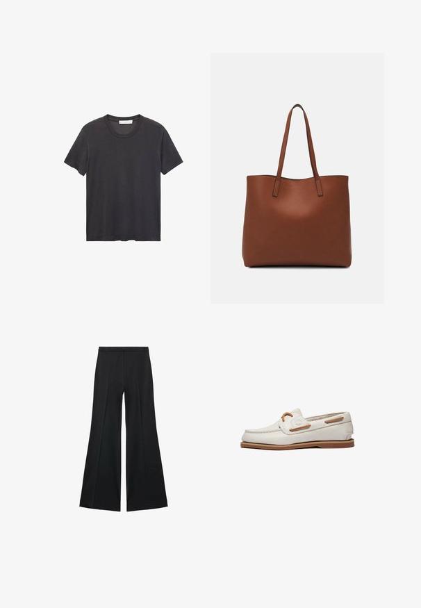 Schwarzes Rundhals-T-Shirt aus weicher Baumwolle. Kurze Ärmel, lockere Passform und gerader Saum ohne Verzierungen oder Muster.; Schwarze weit geschnittene Hose mit glatter Textur, ausgestattet mit Frontfalten und einem taillierten Design. Der Stoff ist leicht und fließend.; Weiße Lederbootschuhe mit glatter Textur, die mit tanfarbenen Akzenten, Schnürdetails und einer Gummisohle versehen sind. Minimalistisches Design mit dezenten Nähten.; Braune Leder-Tote mit glatter Textur, offenem Oberteil und zwei Schulterriemen. Verfügt über minimale Nähte und keine sichtbaren Beschläge.