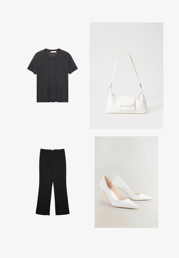 T-shirt noir à col ras du cou en coton doux. Manches courtes, coupe décontractée et ourlet droit sans embellissements ni motifs.; Pantalon noir avec une coupe droite, doté de poches avant et d'éclairs sur l'ourlet. Fabriqué en tissu doux et lisse. Convient à diverses occasions.; Escarpins blancs à talons hauts, à bout pointu et surface mate lisse. Dotés d'un talon élancé et d'un intérieur nude. Design minimaliste.; Sac à main synthétique blanc en forme triangulaire, avec un rabat avant plat et un détail en nœud, une bandoulière ajustable, une texture lisse et un design minimaliste.