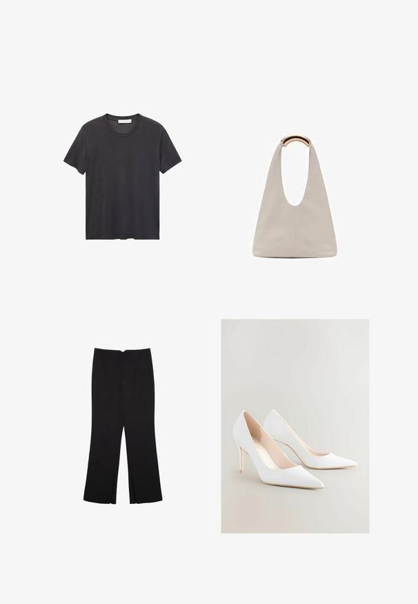 Črna majica s kratkimi rokavi in okroglo ovratnikom, izdelana iz mehkega bombaža. Ohlapen kroj, raven spodnji rob brez okrasnih elementov ali vzorcev.; Črne hlače ravnega kroja z naglavnimi žepi in stranskimi razporki na robu. Narejene iz mehke, gladke tkanine. Primerne za različne priložnosti.; Beli visokokotni čevlji z izostrenimi prsti in gladko mat površino. Imajo vitko peto in golo notranjost. Minimalistična zasnova.; Svetlo siva usnjena torba z U-oblika zasnovo in ukrivljenim kovinskim ročajem. Gladka tekstura z minimalnim šivom in brez vidnih vzorcev.