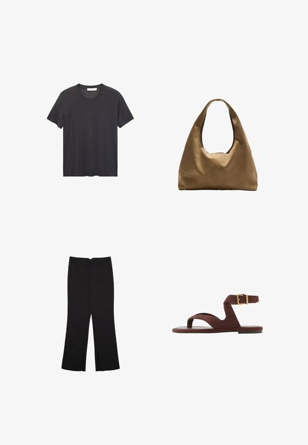 Crna majica s okruglim izrezom napravljena od mekanog pamuka. Kratki rukavi, opušteni kroj i ravni rub bez ukrasnih elemenata ili uzoraka.; Crne hlače ravnog kroja, s prednjim džepovima i bočnim prorezima na rubu. Izrađene od mekog i glatkog materijala. Pogodne za razne prigode.; Smeđe nubuk sandale s dizajnom za lako obuvanje, remenom oko gležnja s kopčom i ravnim potplatom. Otvoreni vrh s glatkom teksturom.; Smeđa platnena torba za rame s širokim, zaobljenim tijelom i velikim izrezanim drškom. Mekana tekstura, minimalistički dizajn i bez vidljivog hardvera.