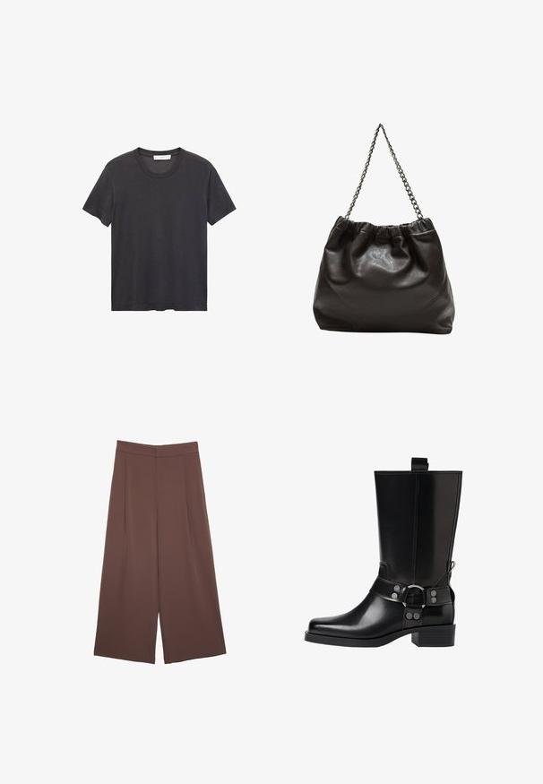 Černé tričko s kulatým výstřihem vyrobené z jemné bavlny. Krátké rukávy, volný střih a rovný lem bez zdobení nebo vzorů.; Hnědé široké kalhoty s hladkou texturou, vysokým pasem a předními záhyby. Materiál je lehký a volně splývá.; Černá kožená vysoká bunda s špičatou špičkou, stříbrnými sponami a robustní podešví. Obsahuje poutko pro snadné obutí.; Hnědá kožená taška se sbíraným vrškem a řetízkovým popruhem. Hladký povrch s lesklým finišem a jemným švem na bocích.
