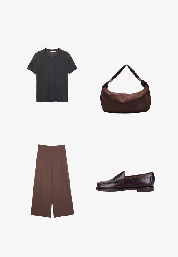 Čierne tričko s okrúhlym výstrihom vyrobené z jemnej bavlny. Krátke rukávy, voľný strih a rovný lem bez ozdôb či vzorov.; Hnedé nohavice so širokými nohavicami a hladkou textúrou, s vysokým pásom a prednými skladmi. Tkanina je ľahká a voľne sa pohybuje.; Hnedé kožené mokasíny s hladkým povrchom, ozdobným šitím na vrchu a nízkym stohovaným podpätkom. Klasický dizajn na založenie s okrúhlou špičkou.; Hnedá semišová kabelka na plece so zipsovým uzáverom, vybavená skrúteným popruhom zdobeným kovovými akcentmi pre bezpečné nosenie.