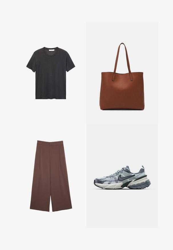 T-shirt nera a girocollo realizzata in cotone morbido. Maniche corte, vestibilità rilassata e orlo dritto senza decorazioni né motivi.; Pantaloni ampi marroni con una texture liscia, caratterizzati da una vita alta e pieghe frontali. Il tessuto è leggero e scorre liberamente.; Scarpe Nike con tomaia in rete grigio chiaro e blu, suola spessa e imbottita con design a strati, logo swoosh nero a contrasto.; Borsa tote in pelle marrone con texture liscia, design con apertura superiore e due spallacci. Presenta cuciture minime e nessun hardware visibile.