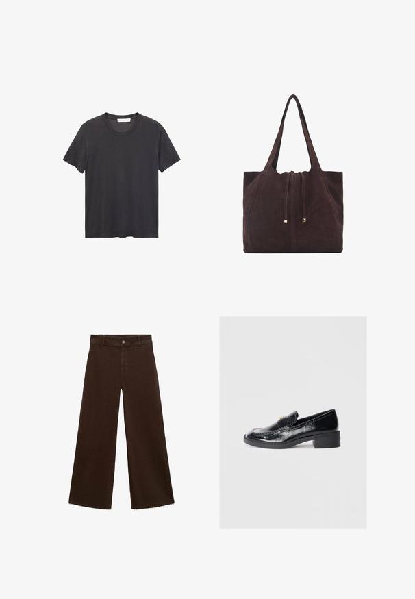 Tricou negru cu guler rotund, fabricat din bumbac moale. Mâneci scurte, croială lejeră și tiv drept, fără broderii sau modele.; Pantaloni largi maro dintr-un amestec de bumbac, cu un tiv desfăcut, închidere cu buton frontal și un design clasic cu cinci buzunare. Minimalist și versatil.; Mocasini din piele patent neagră cu toc mic, având un design cusut și accente decorative aurii pe partea superioară.; Mango Geantă de pânză - dark brown